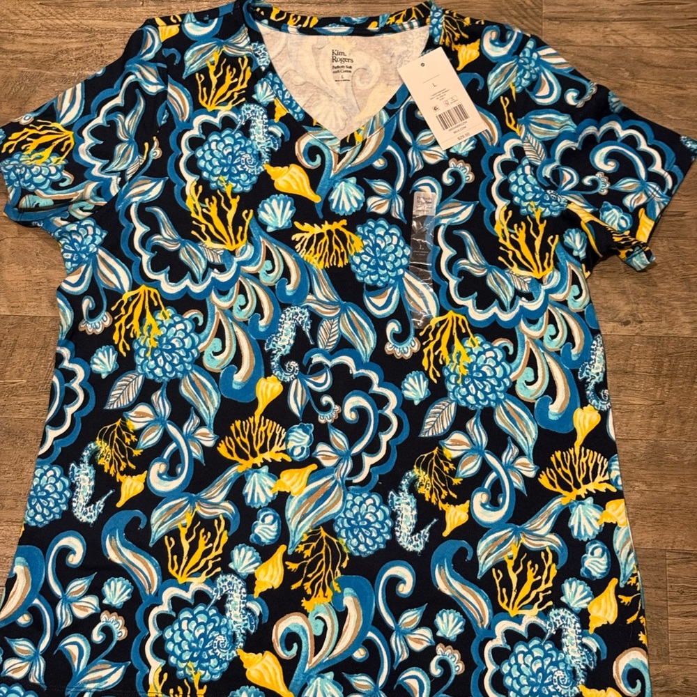 Kim Rogers Blue and Yellow Floral V-Neck Top